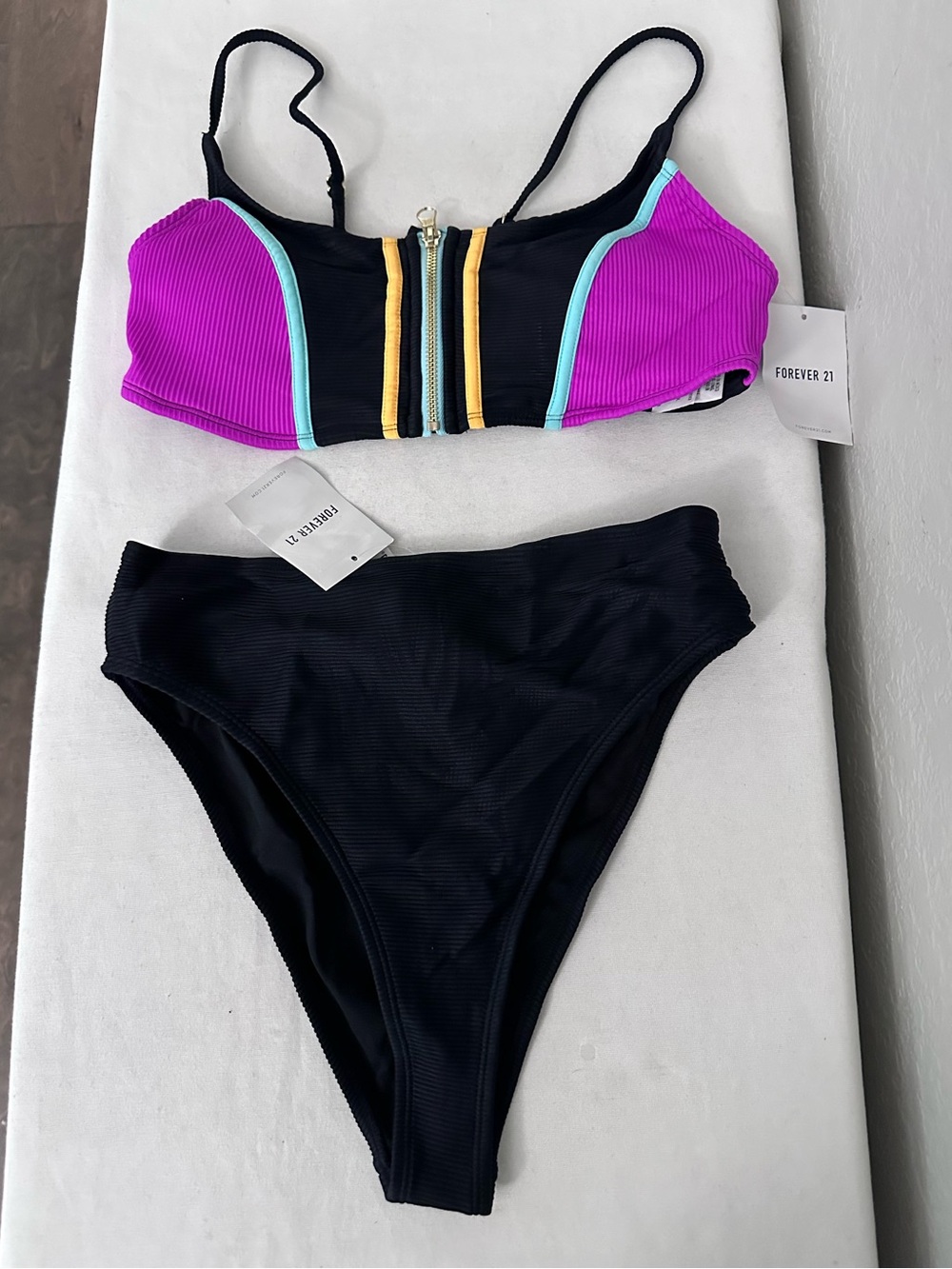 Forever 21 Colorblock Bikini Set Zipper Top High Waist Bottoms Size Medium NWT